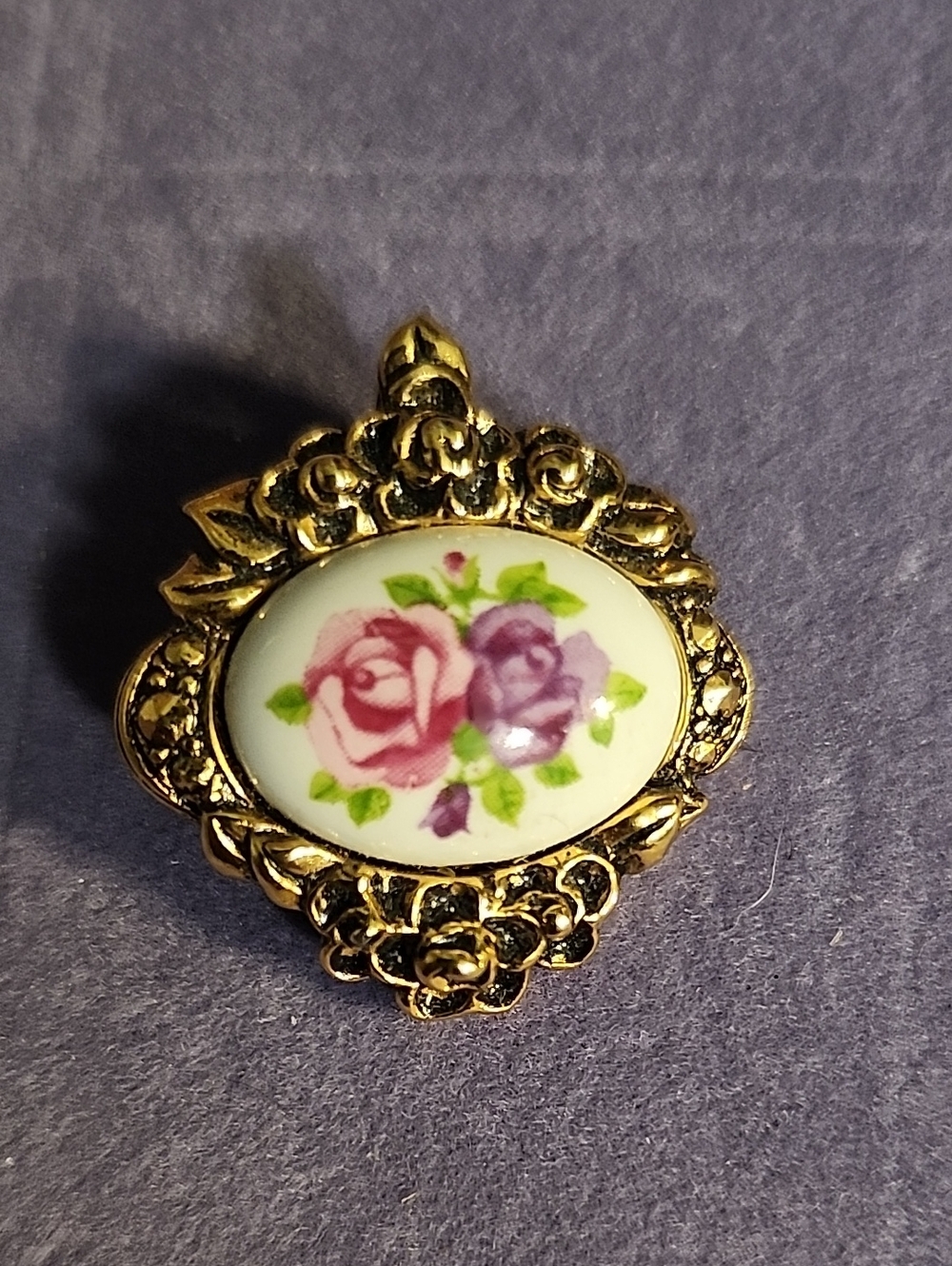 Avon Gold-Tone Floral Porcelain Pendant with Pink and Purple Roses
